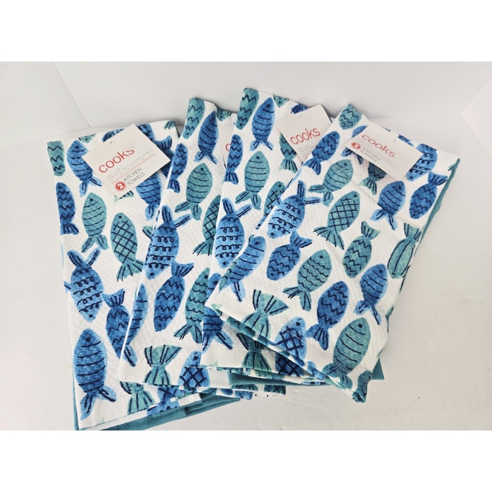 Cooks‎ Kitchen Towels blue white fish lot of 8 NEW nautical summer